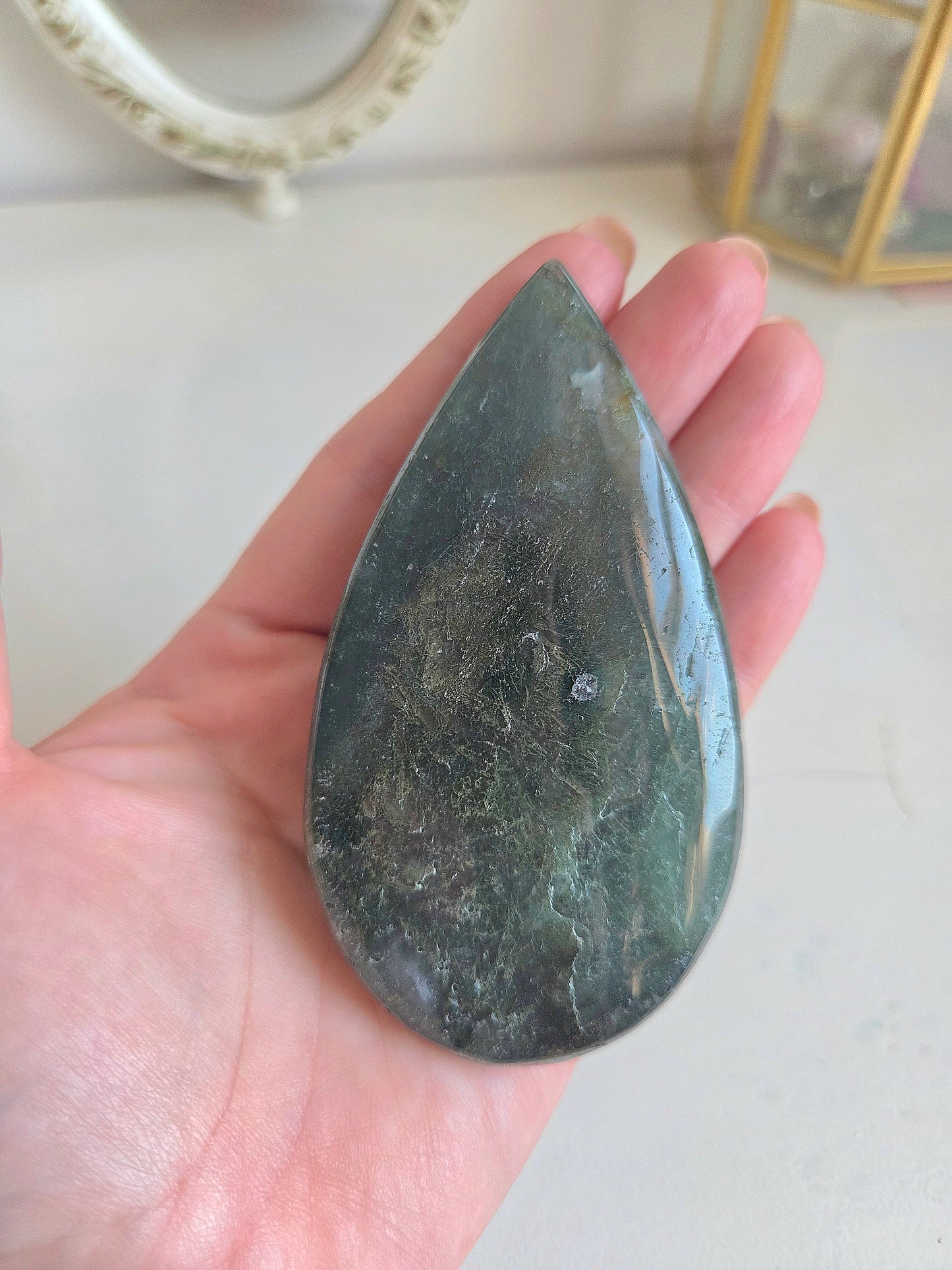 Moss Agate Teardrop With Stand.