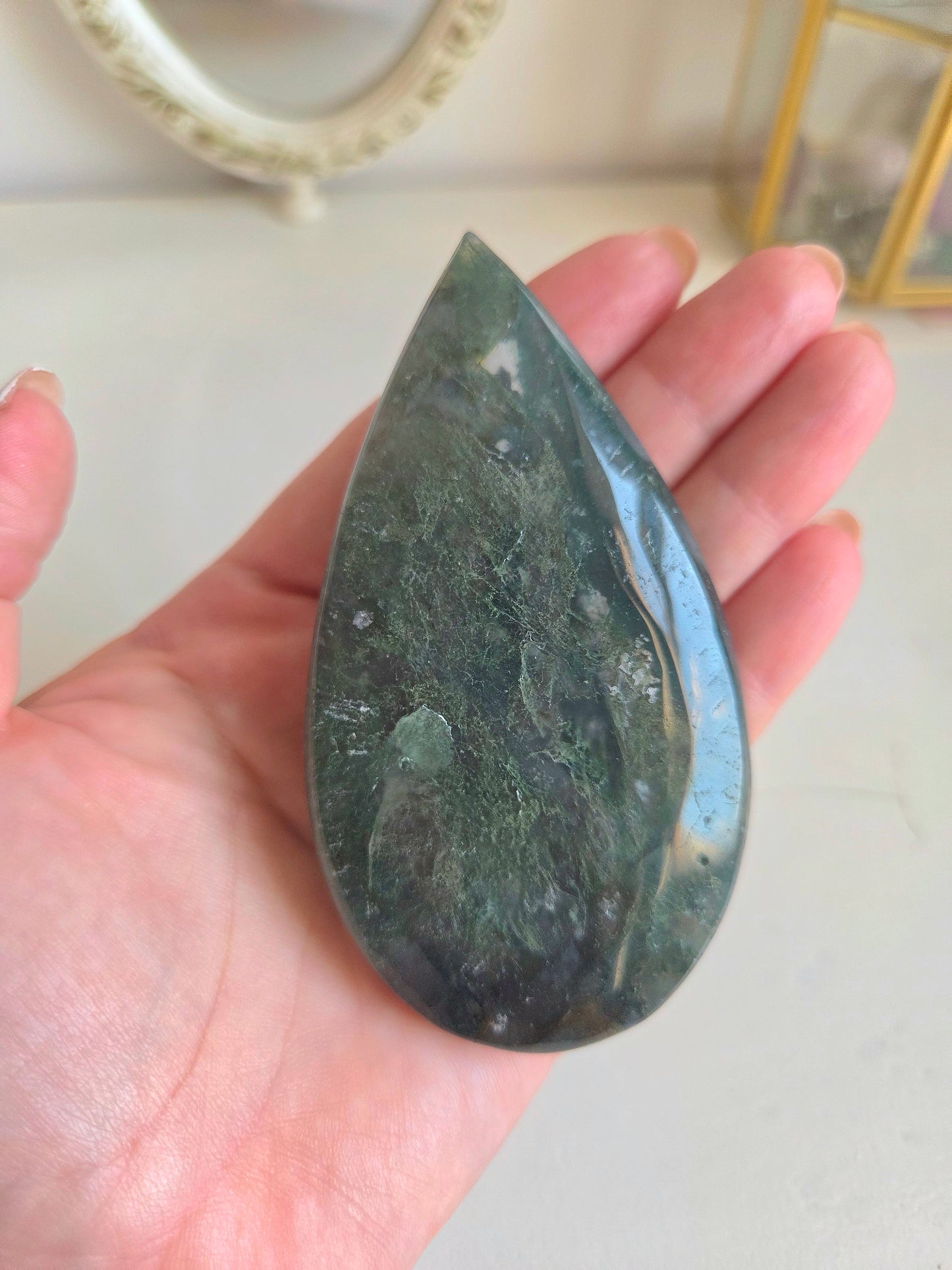 Moss Agate Teardrop With Stand.