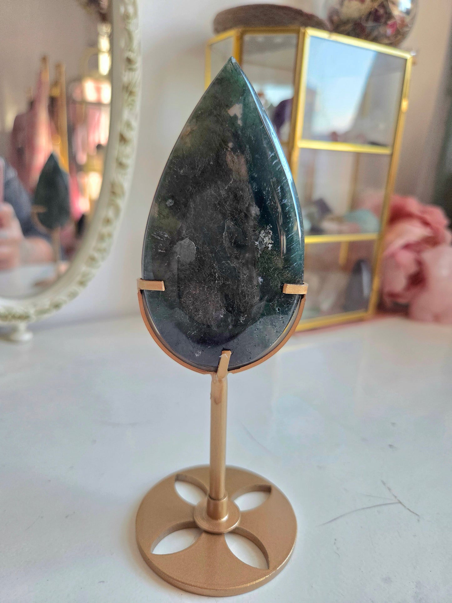 Moss Agate Teardrop With Stand.